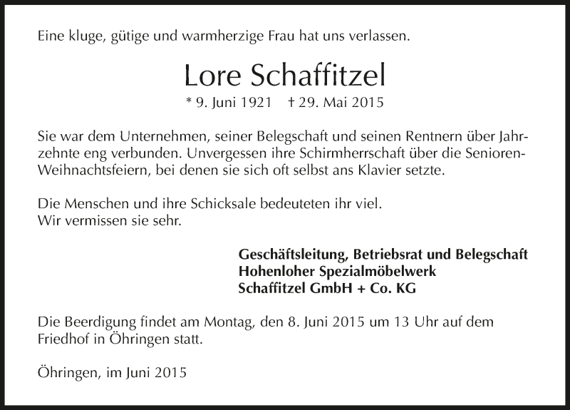  Traueranzeige für Lore Schaffitzel vom 03.06.2015 aus 