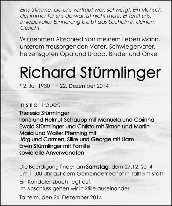 Traueranzeige von Richard Stürmlinger 