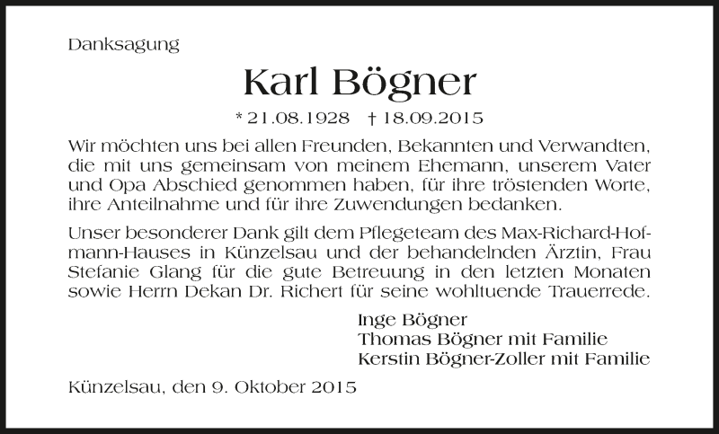  Traueranzeige für Karl Bögner vom 09.10.2015 aus 