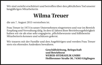 Traueranzeige von Wilma Treuer 