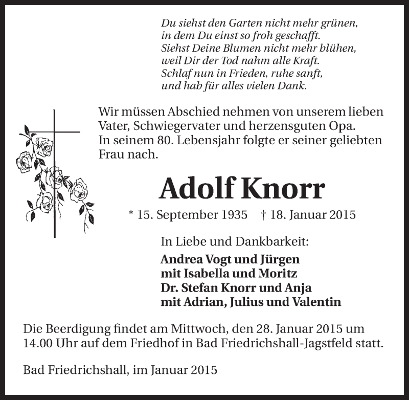  Traueranzeige für Adolf Knorr vom 24.01.2015 aus 