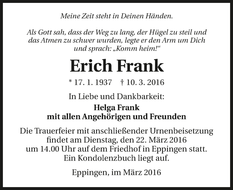  Traueranzeige für Erich Frank vom 19.03.2016 aus 