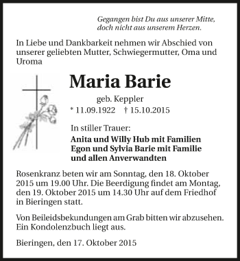 Traueranzeige von Maria Barie 