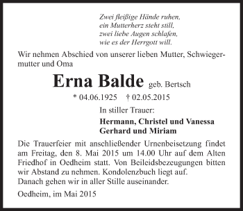 Traueranzeige von Erna Balde 