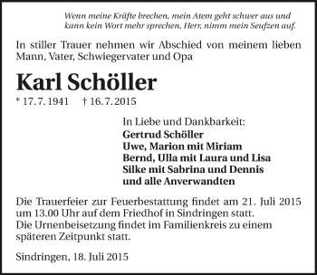Traueranzeige von Karl Schöller 
