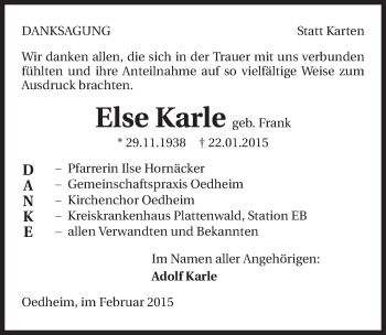 Traueranzeige von Else Karle 