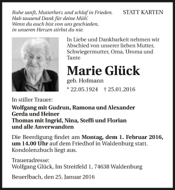 Traueranzeige von Marie Glück 