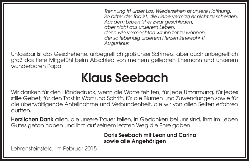 Traueranzeige für Klaus Seebach vom 14.02.2015 aus 