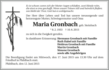 Traueranzeige von Maria Gronbach 