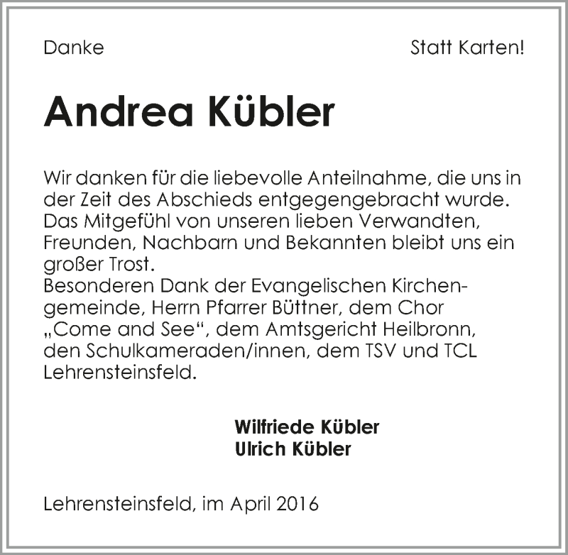  Traueranzeige für Andrea Kübler vom 30.04.2016 aus 
