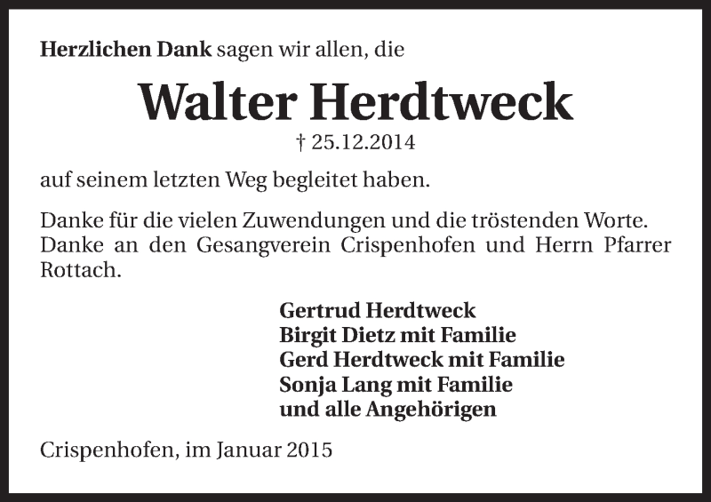  Traueranzeige für Walter Herdtweck vom 17.01.2015 aus 