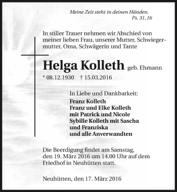 Traueranzeige von Helga Kolleth 