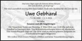 Traueranzeige von Uwe Gebhard 