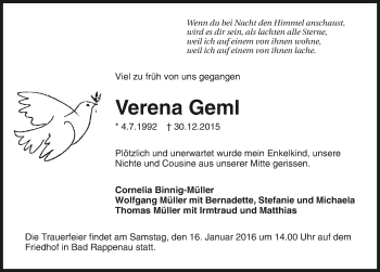 Traueranzeige von Verena Geml 