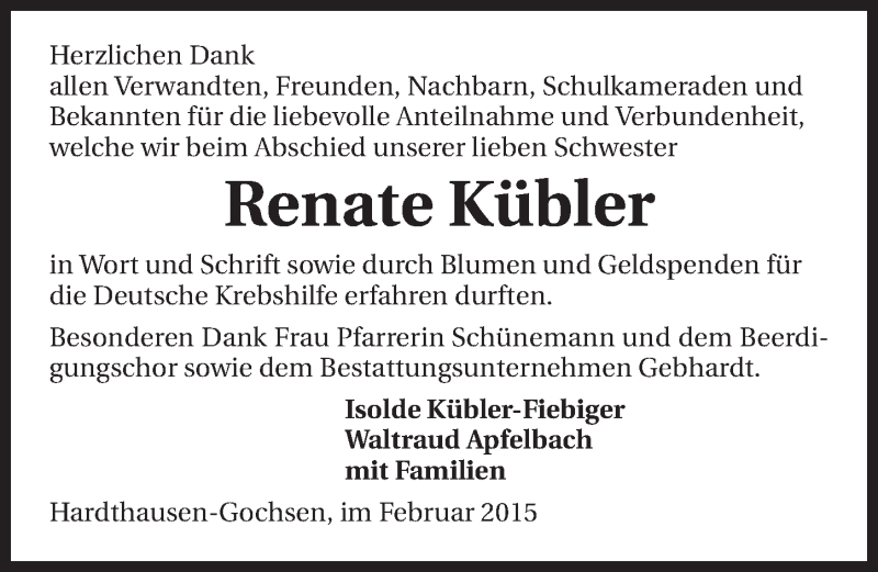  Traueranzeige für Renate Kübler vom 21.02.2015 aus 