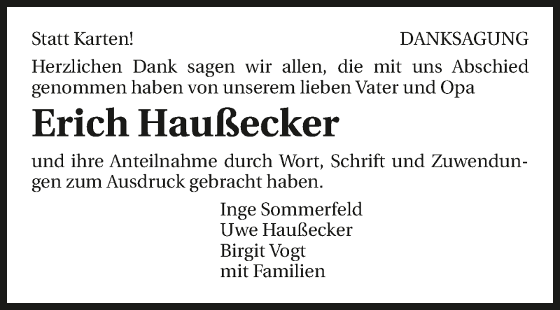  Traueranzeige für Erich Haußecker vom 05.10.2015 aus 