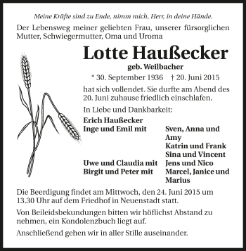 Traueranzeige von Lotte Haußecker 