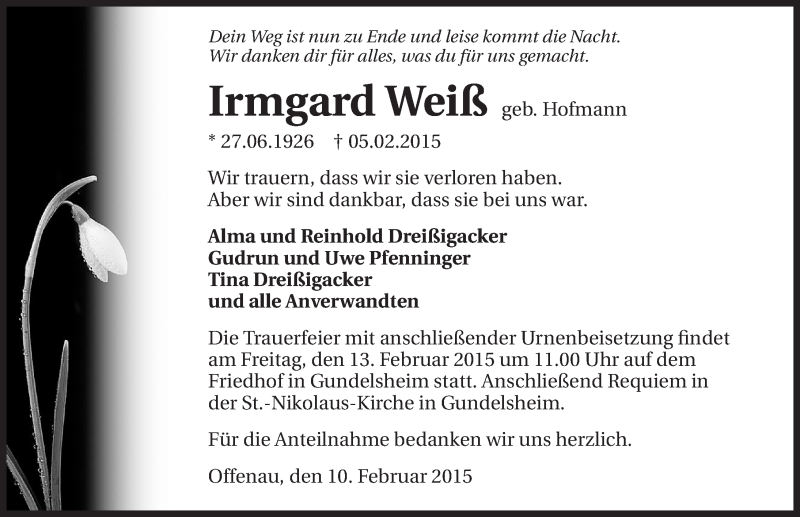  Traueranzeige für Irmgard Weiß vom 10.02.2015 aus 