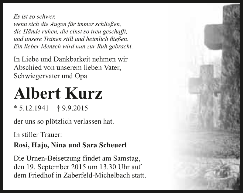  Traueranzeige für Albert Kurz vom 14.09.2015 aus 