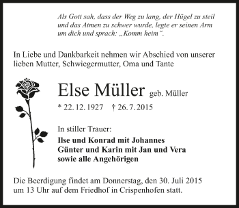 Traueranzeige von Else Müller 
