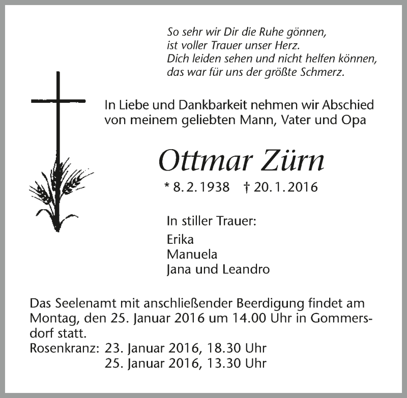  Traueranzeige für Ottmar Zürn vom 23.01.2016 aus 