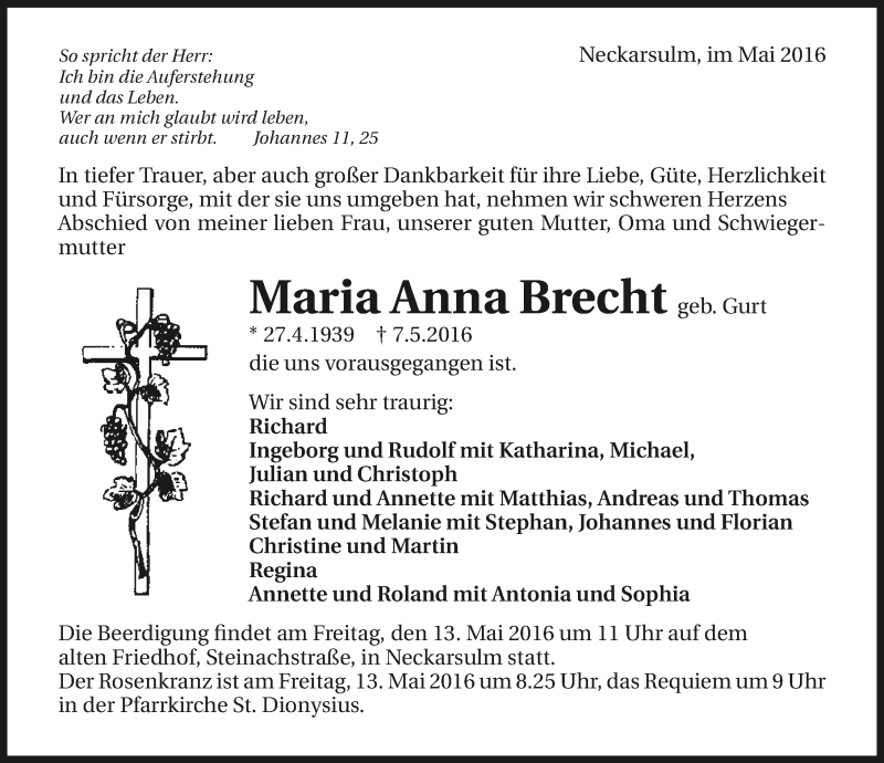  Traueranzeige für Maria Anna Brecht vom 10.05.2016 aus 