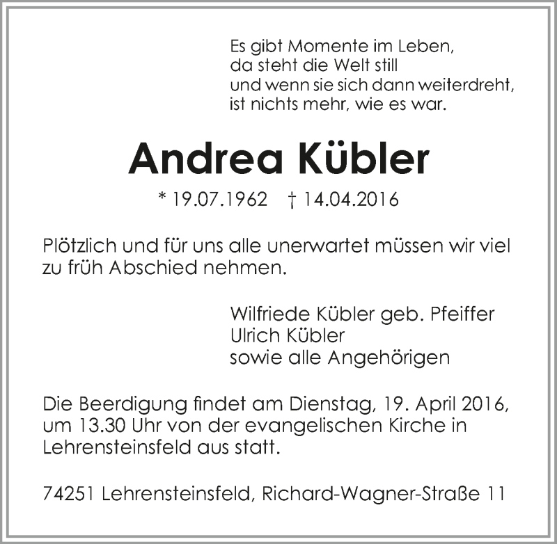  Traueranzeige für Andrea Kübler vom 16.04.2016 aus 