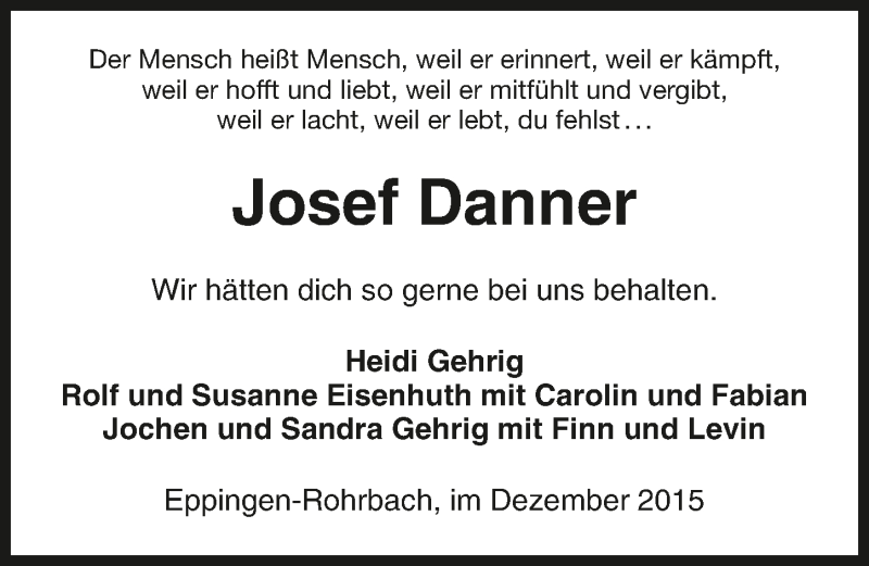  Traueranzeige für Josef Danner vom 29.12.2015 aus 