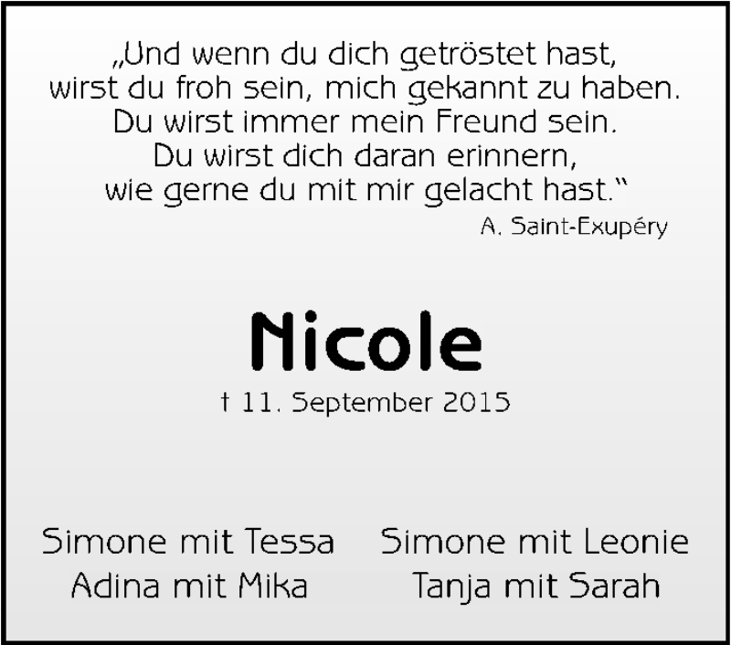  Traueranzeige für Nicole Züfle vom 16.09.2015 aus 