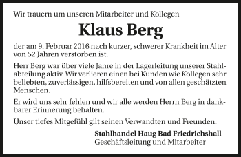 Traueranzeige von Klaus Berg 