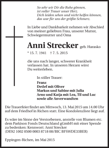 Traueranzeige von Anni Strecker 