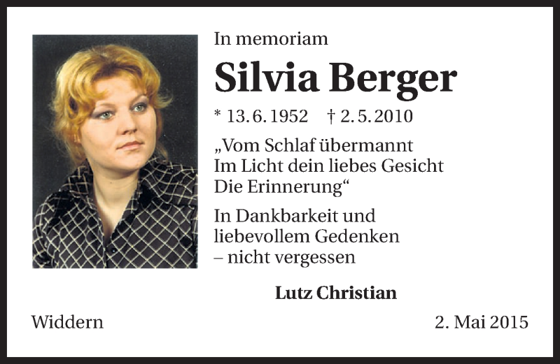  Traueranzeige für Silvia Berger vom 02.05.2015 aus 