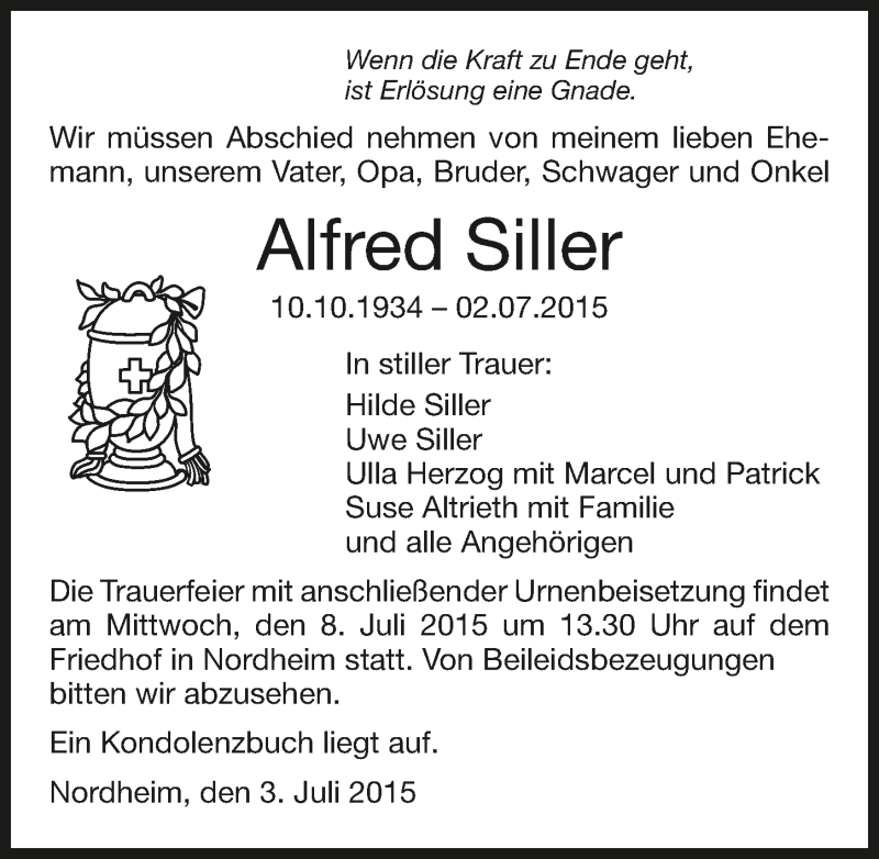  Traueranzeige für Alfred Siller vom 04.07.2015 aus 