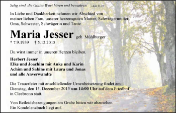 Traueranzeige von Maria Jesser 