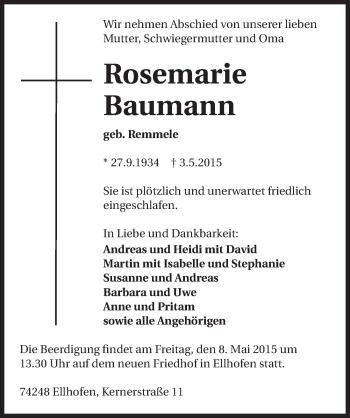 Traueranzeige von Rosemarie Baumann 