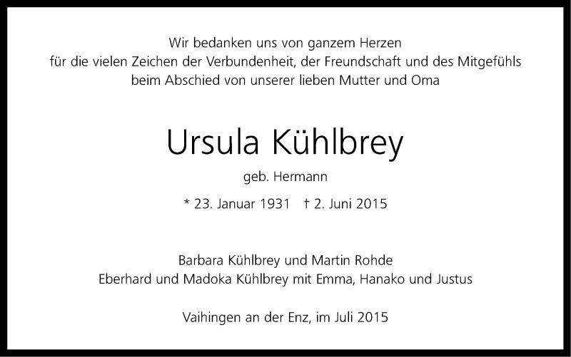  Traueranzeige für Ursula Kühlbrey vom 04.07.2015 aus 