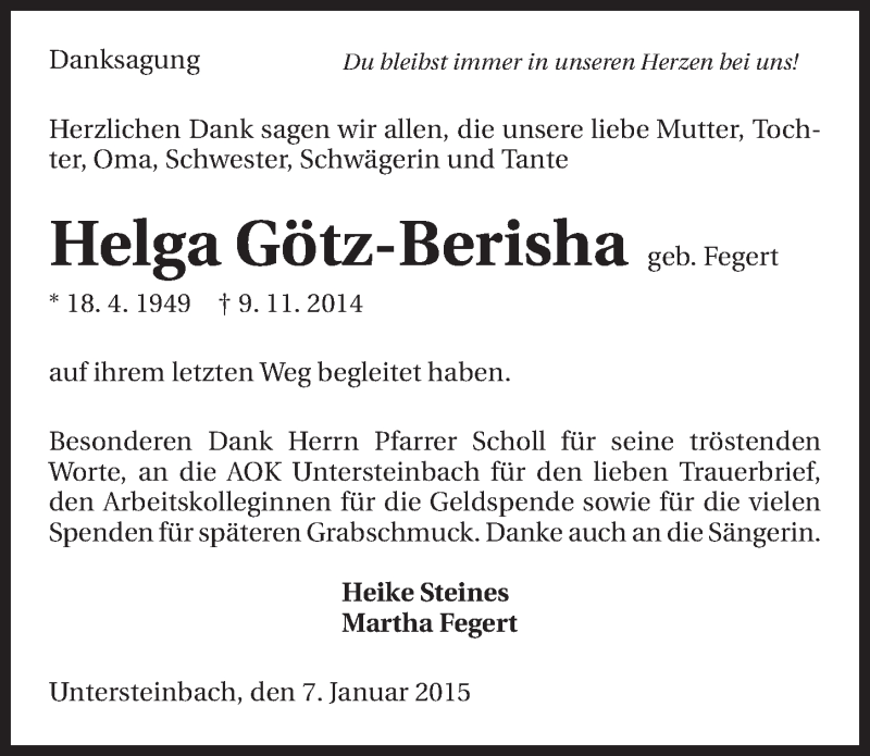  Traueranzeige für Helga Götz-Berisha vom 07.01.2015 aus 
