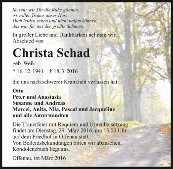 Traueranzeige von Christa Schad 
