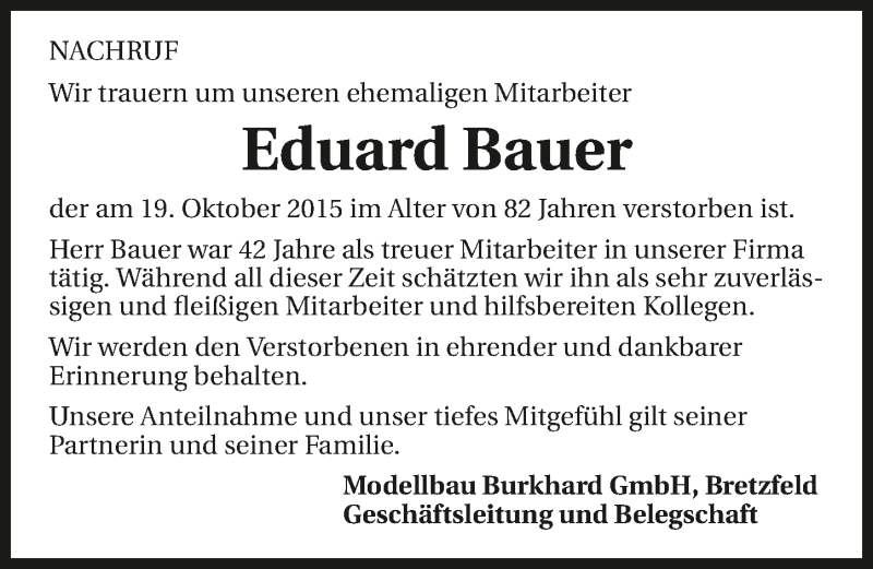  Traueranzeige für Eduard Bauer vom 24.10.2015 aus 