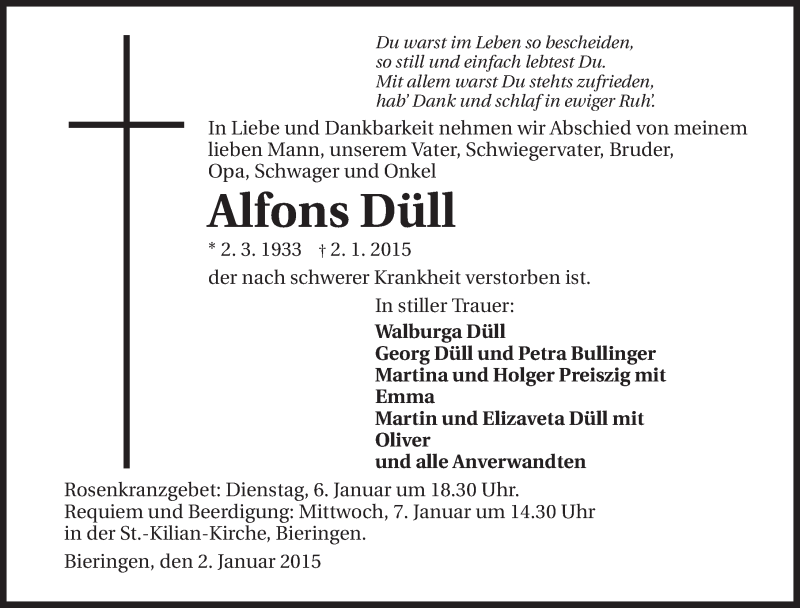  Traueranzeige für Alfons Düll vom 05.01.2015 aus 