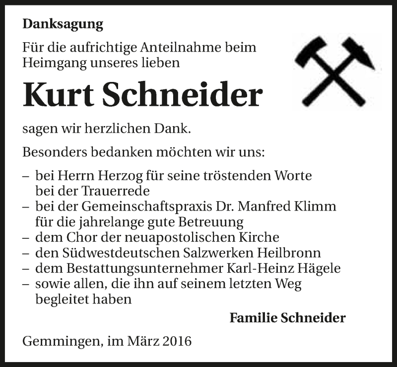  Traueranzeige für Kurt Schneider vom 05.03.2016 aus 