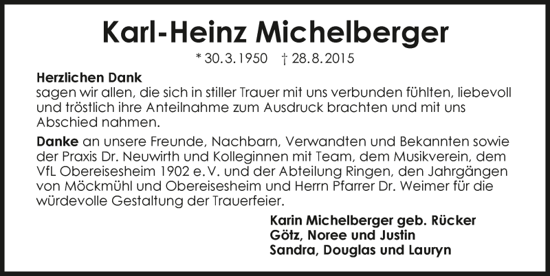  Traueranzeige für Karl-Heinz Michelberger vom 12.09.2015 aus 