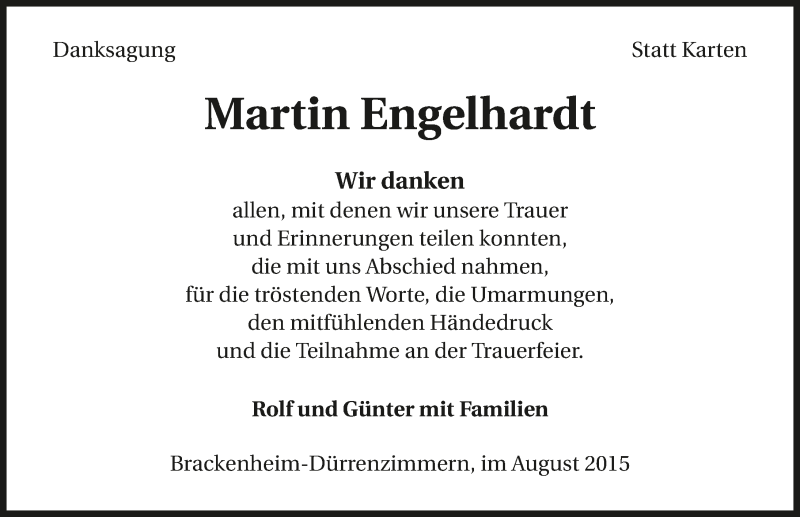  Traueranzeige für Martin Engelhardt vom 12.08.2015 aus 