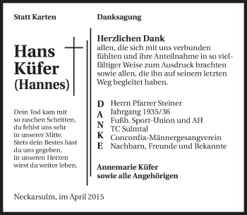 Traueranzeige von Hans Küfer 