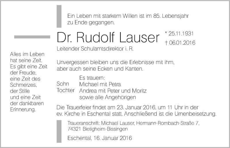  Traueranzeige für Rudolf Lauser vom 16.01.2016 aus 