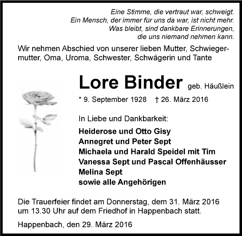  Traueranzeige für Lore Binder vom 29.03.2016 aus 