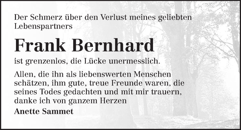  Traueranzeige für Frank Bernhard vom 26.01.2015 aus 