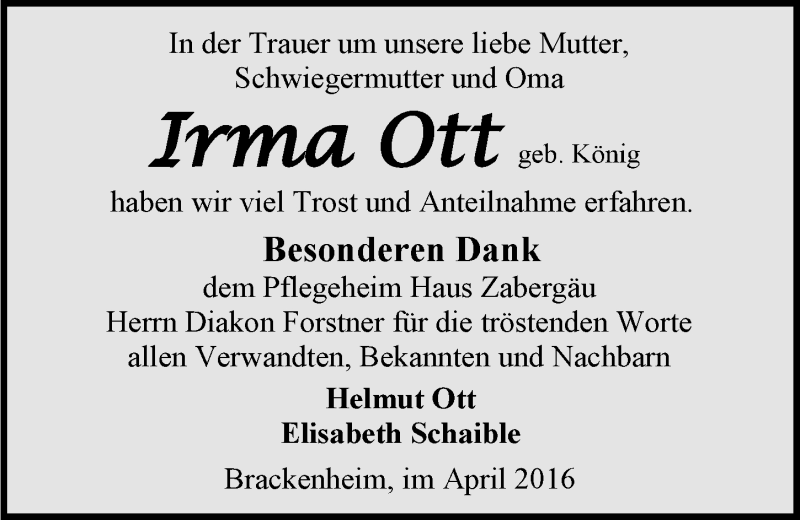  Traueranzeige für Irma Ott vom 13.04.2016 aus 