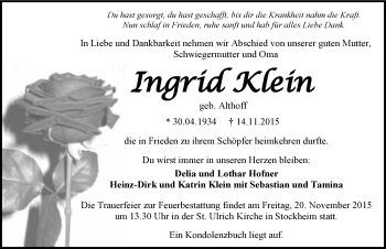 Traueranzeige von Ingrid Klein 
