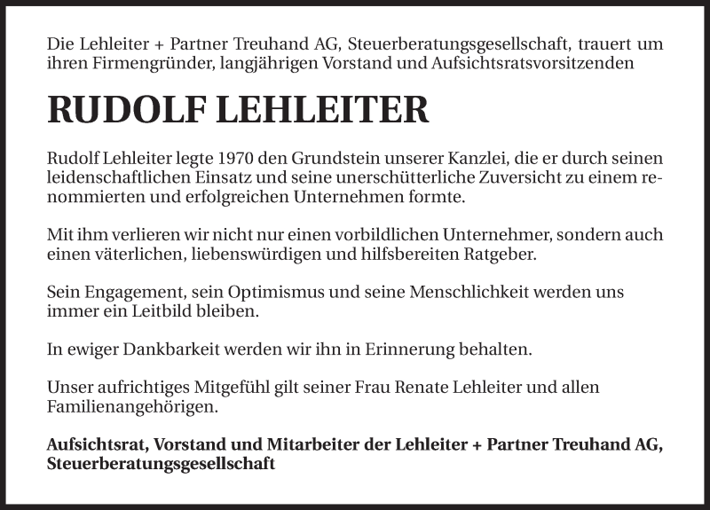  Traueranzeige für Rudolf Lehleiter vom 17.02.2015 aus 